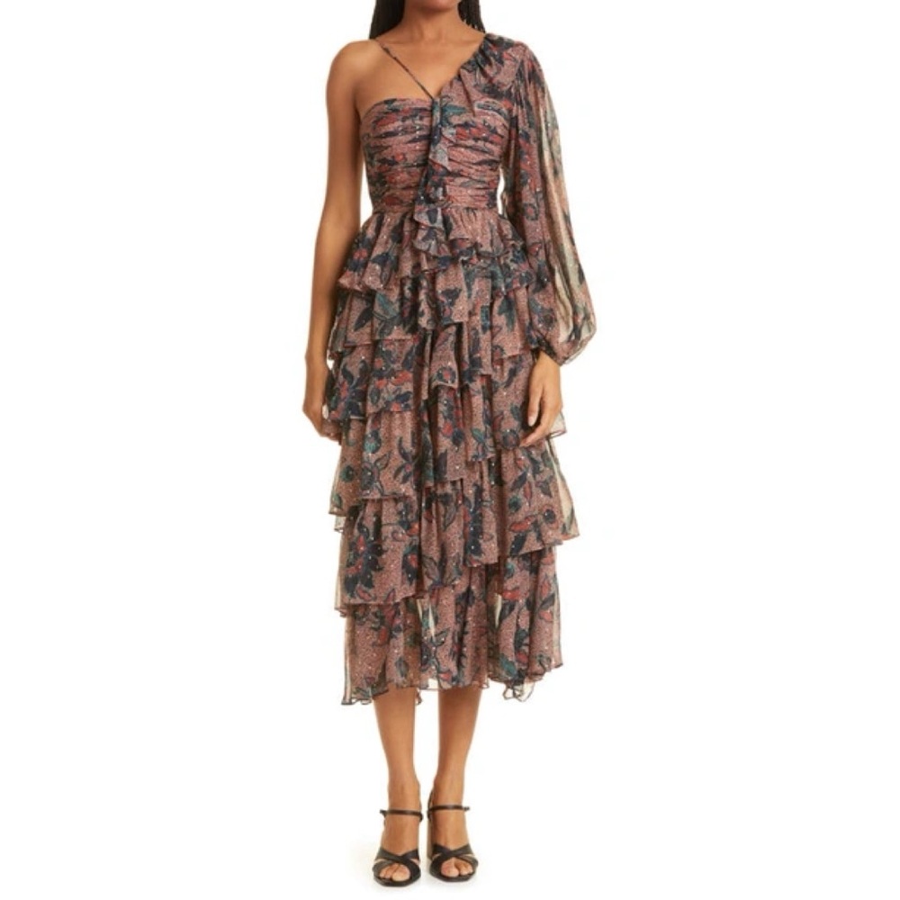 New Ulla Johnson Hazel Floral One Shoulder Midi Dress